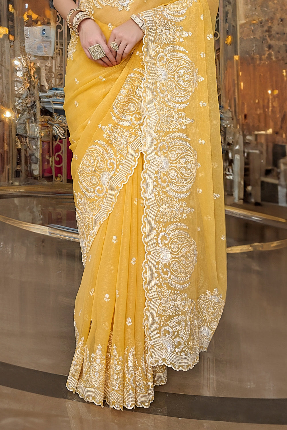 Yellow Fancy Based Pure Tissue Fabric with Body Unique Work And Desinger Blouse Saree