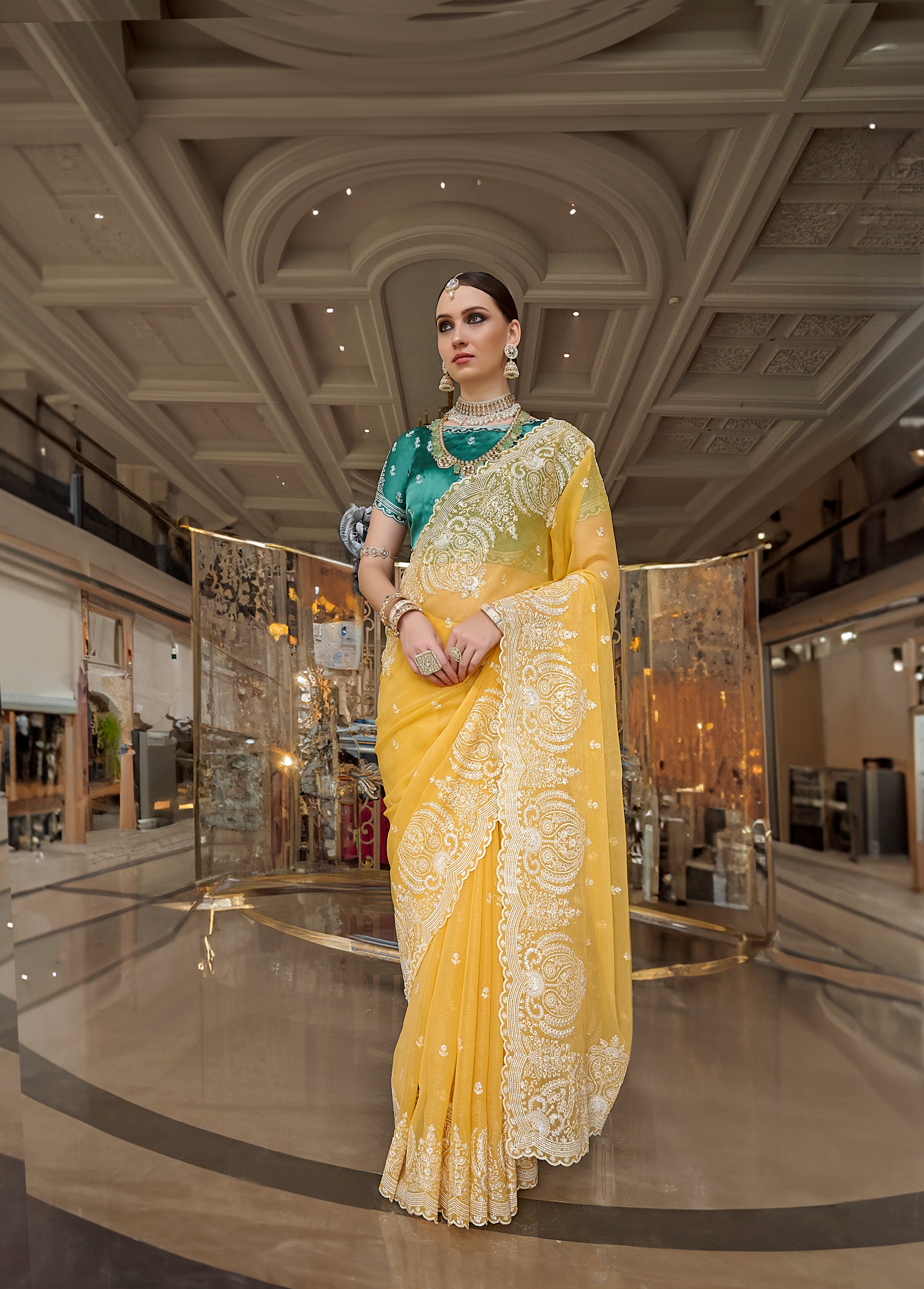 Yellow Fancy Based Pure Tissue Fabric with Body Unique Work And Desinger Blouse Saree