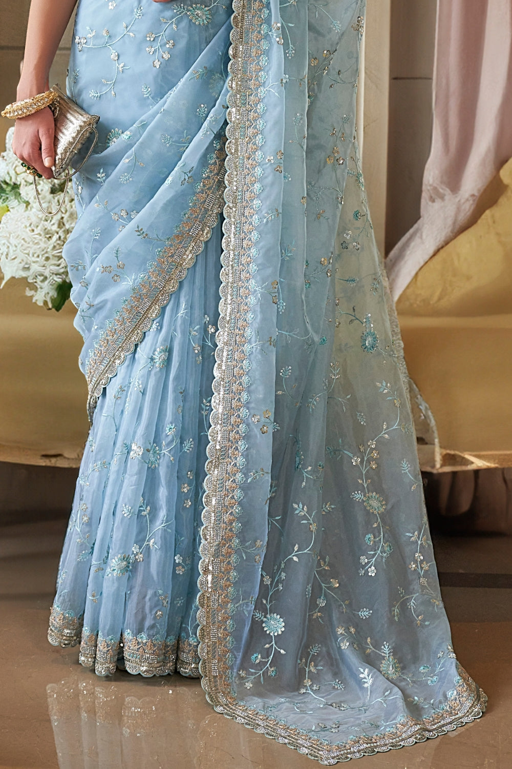 Turquoise Fancy Based Pure Tissue Fabric with Body Unique Work And Desinger Blouse Saree