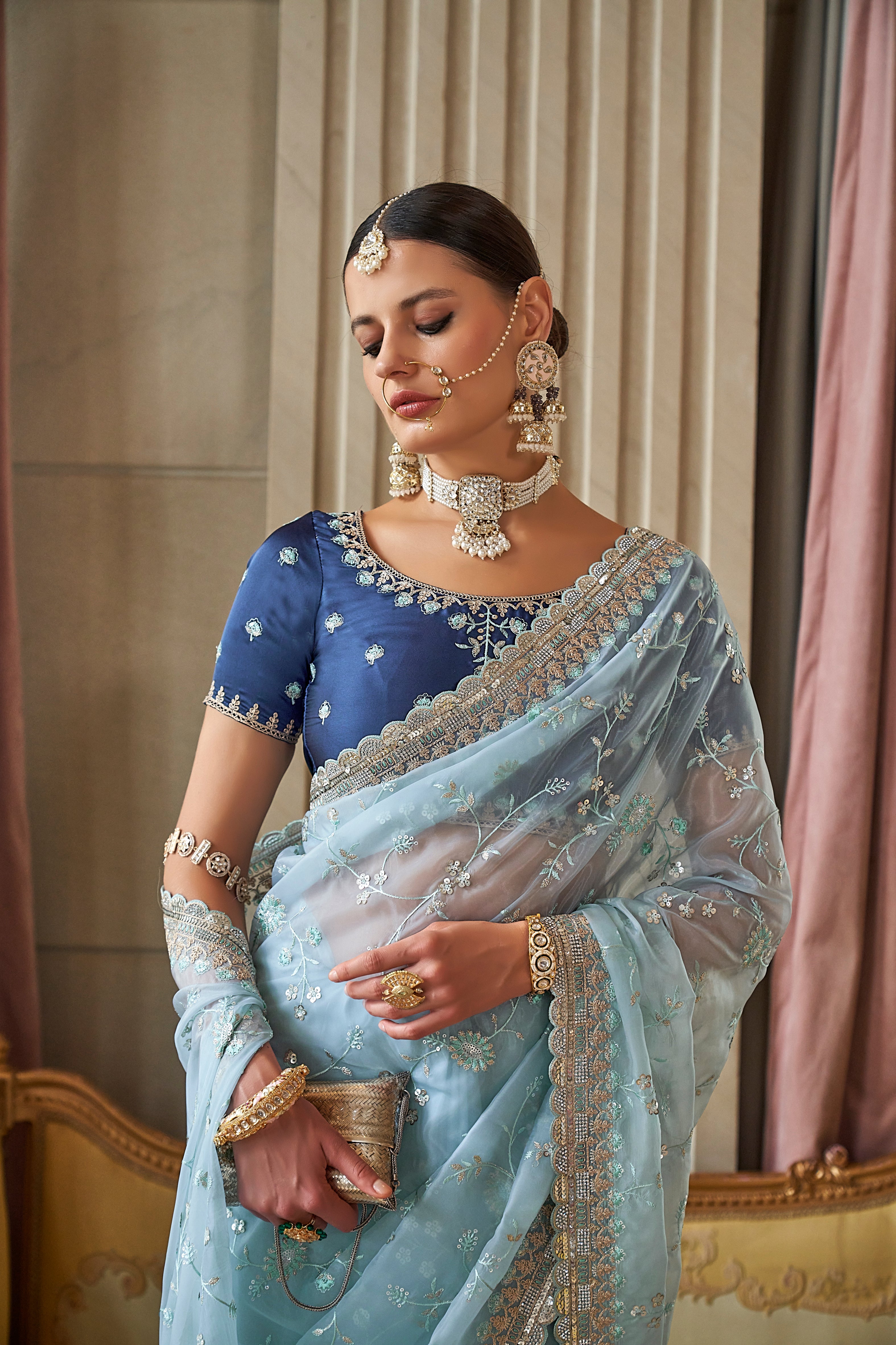 Turquoise Fancy Based Pure Tissue Fabric with Body Unique Work And Desinger Blouse Saree