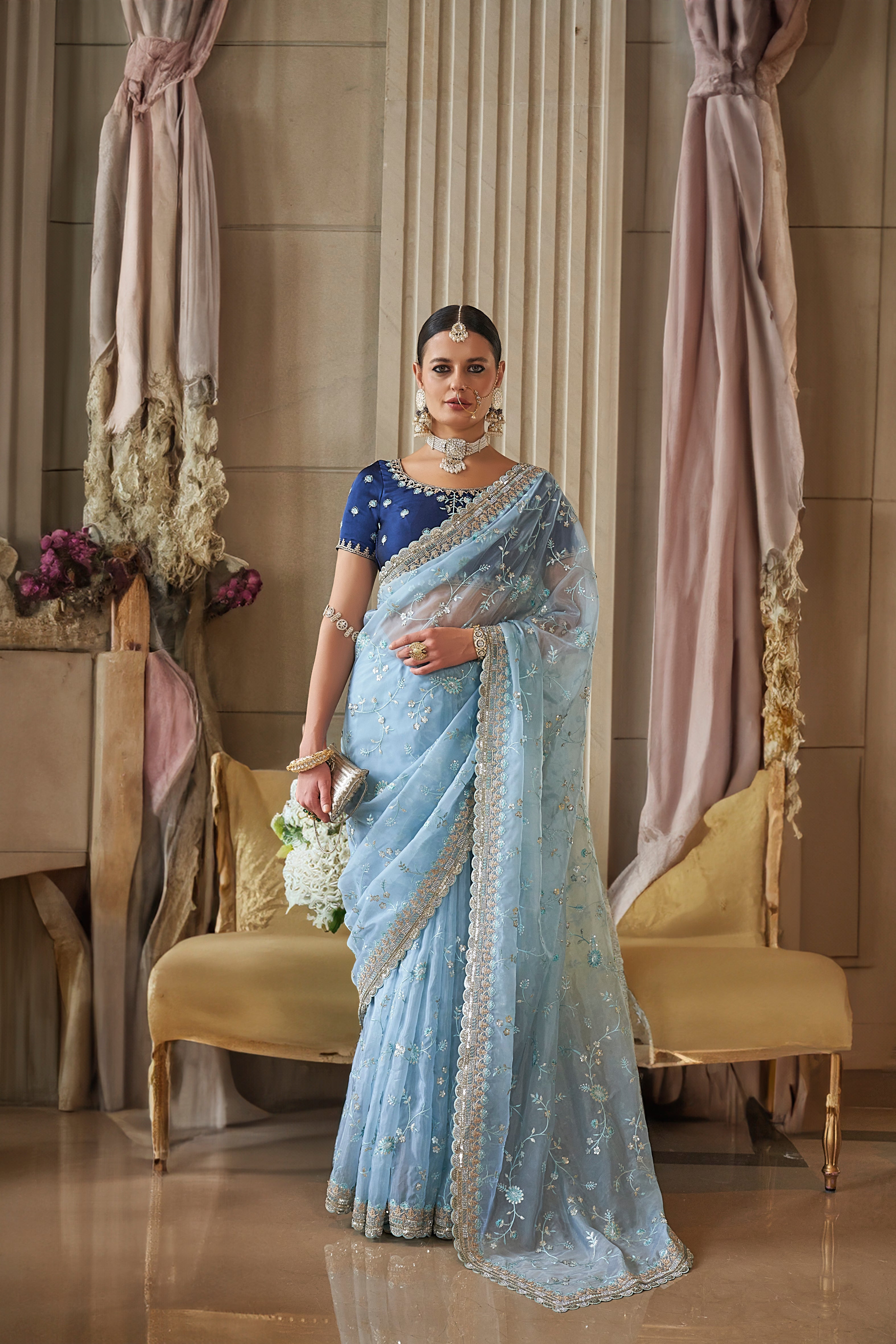 Turquoise Fancy Based Pure Tissue Fabric with Body Unique Work And Desinger Blouse Saree