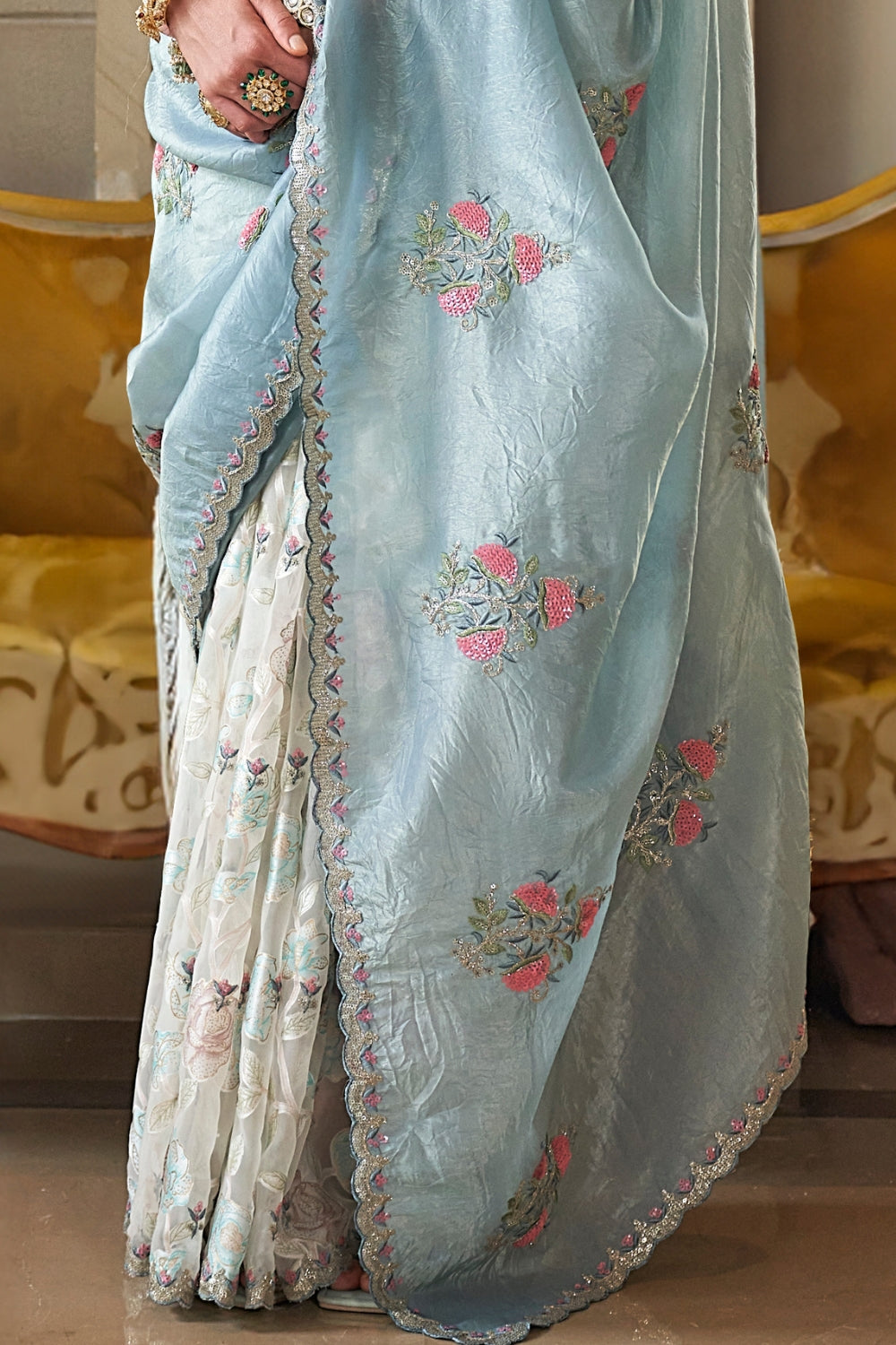 Light Blue Fancy Based Pure Tissue Fabric with Body Unique Work And Desinger Blouse Saree