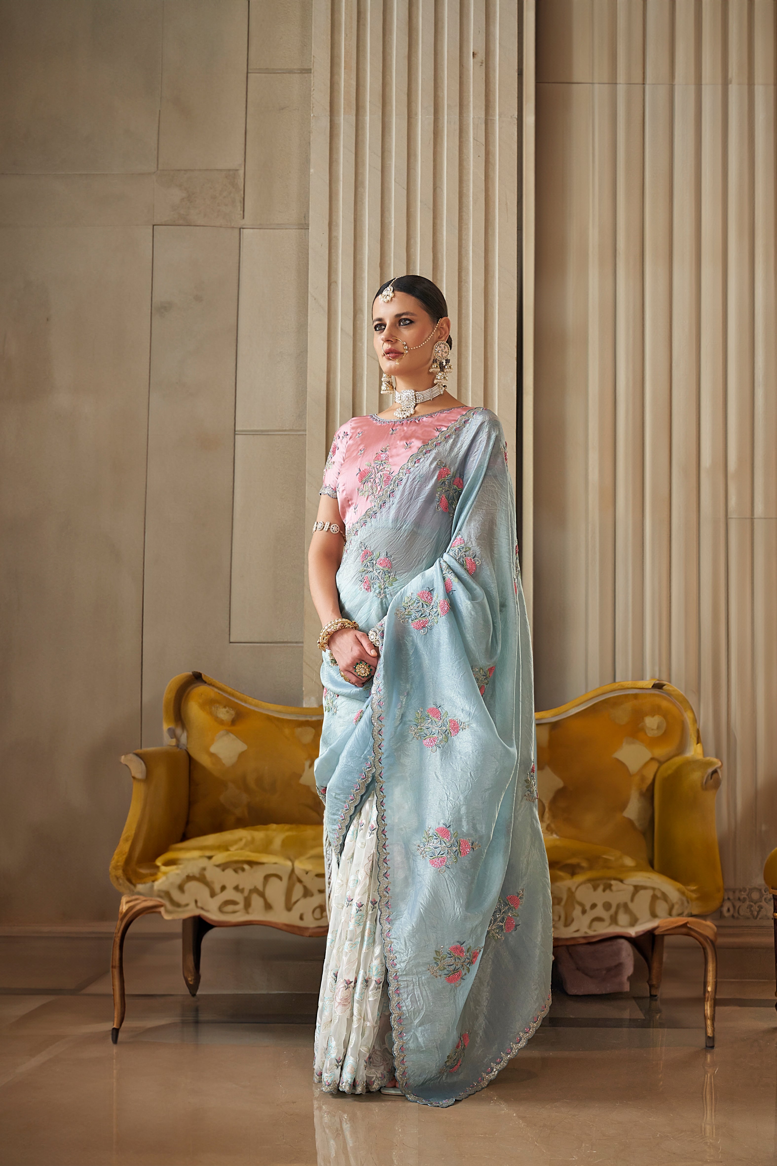 Light Blue Fancy Based Pure Tissue Fabric with Body Unique Work And Desinger Blouse Saree