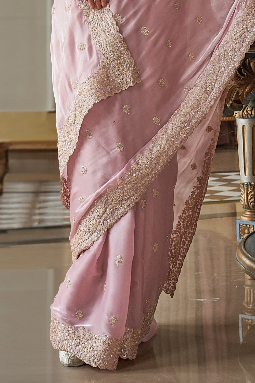 Peach Fancy Based Pure Tissue Fabric with Body Unique Work And Desinger Blouse Saree