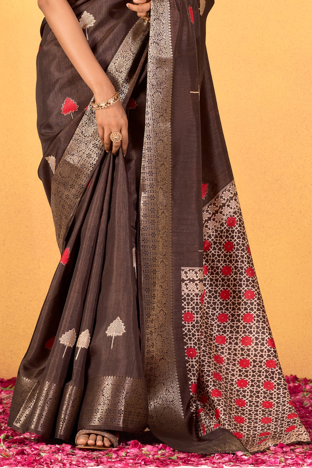 Brown Soft Dola With Foil Print Saree