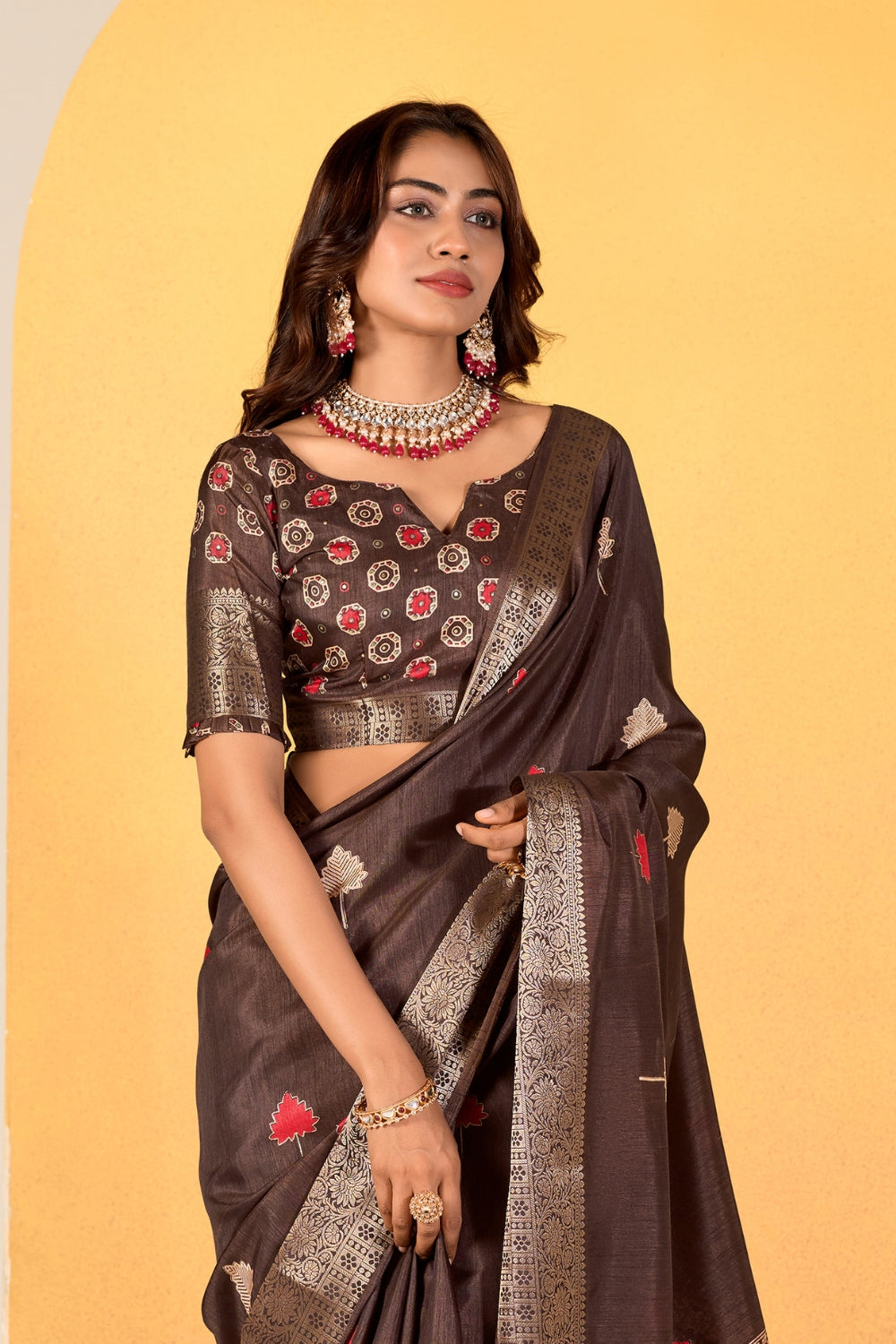 Brown Soft Dola With Foil Print Saree