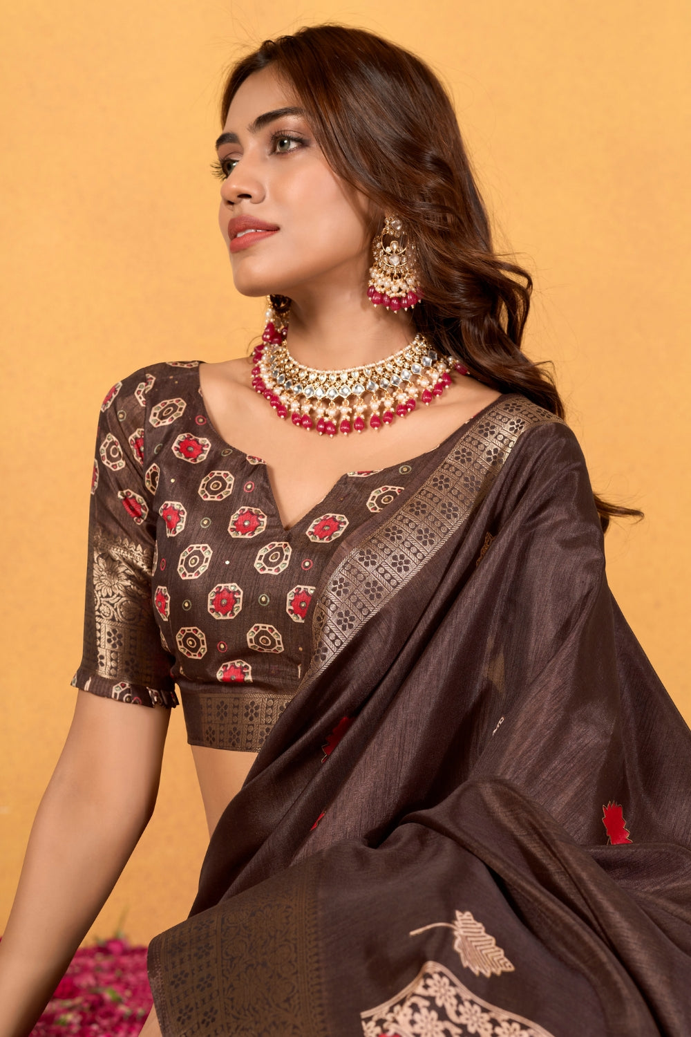 Brown Soft Dola With Foil Print Saree