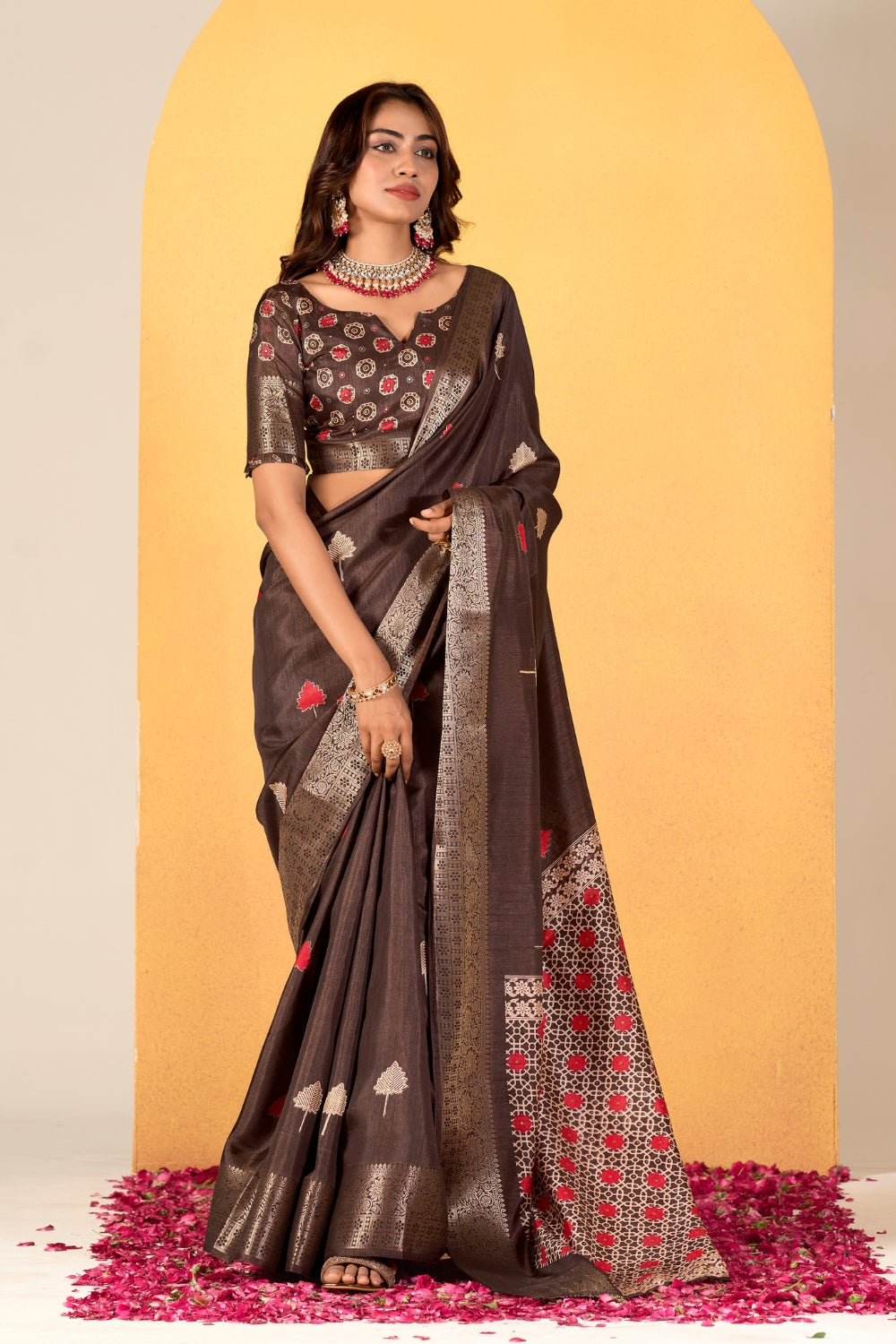 Brown Soft Dola With Foil Print Saree