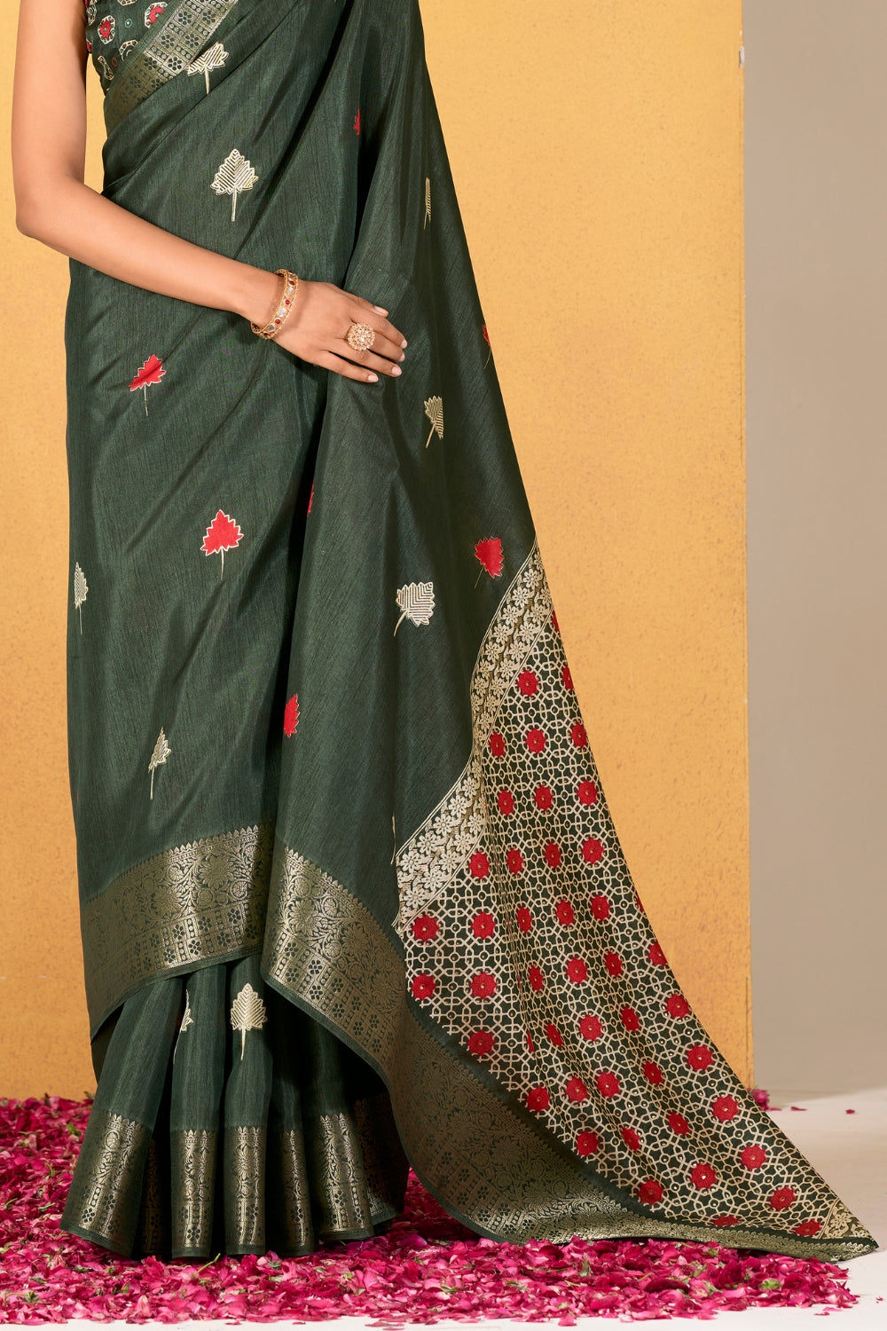 Green Soft Dola With Foil Print Saree