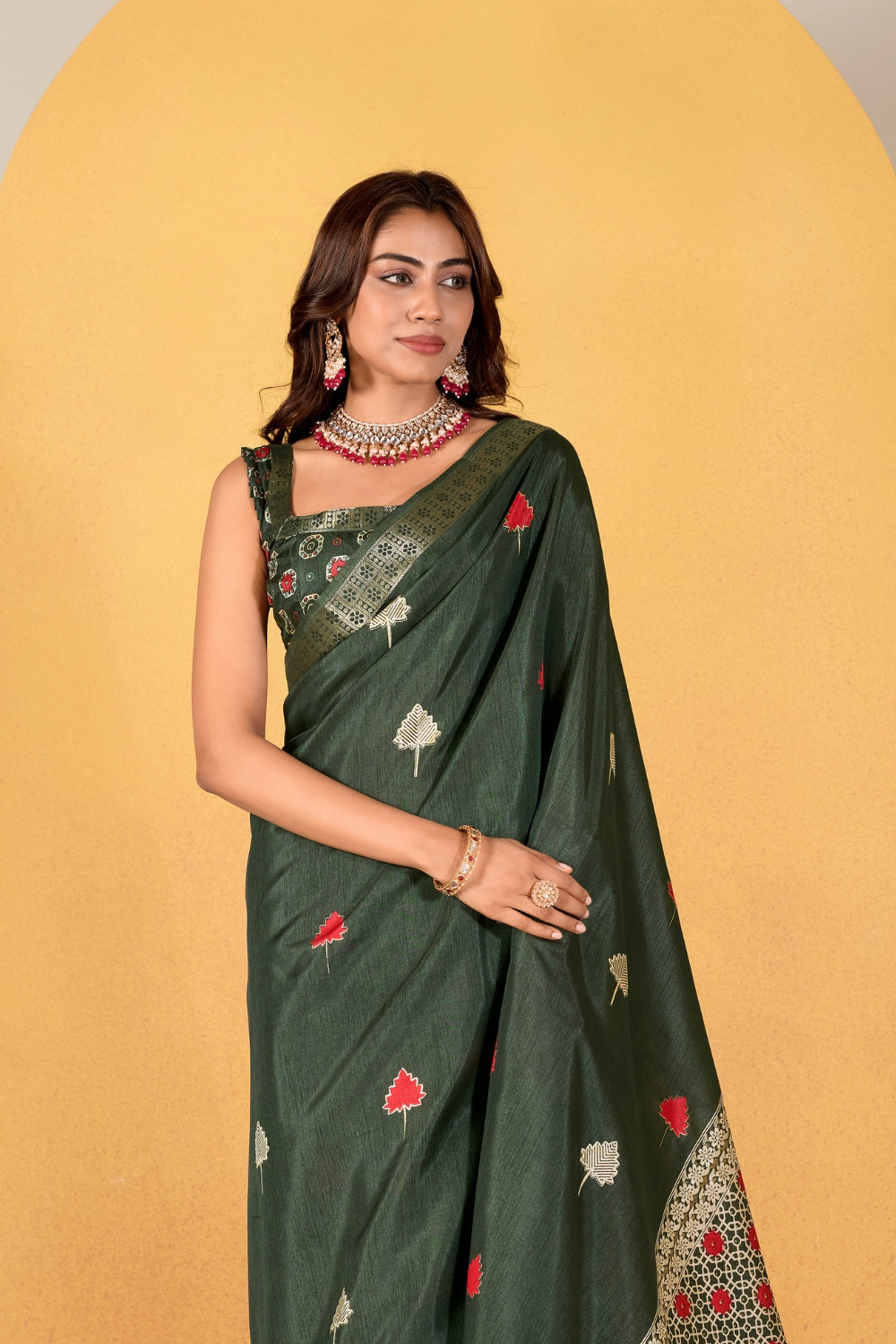 Green Soft Dola With Foil Print Saree