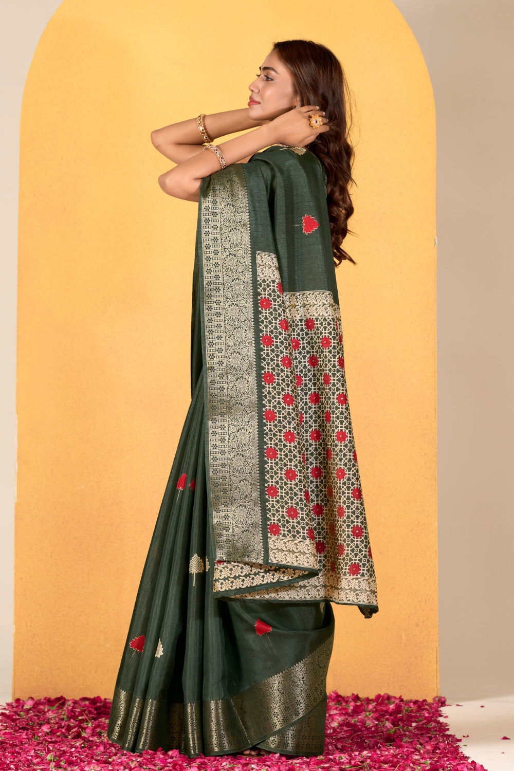 Green Soft Dola With Foil Print Saree