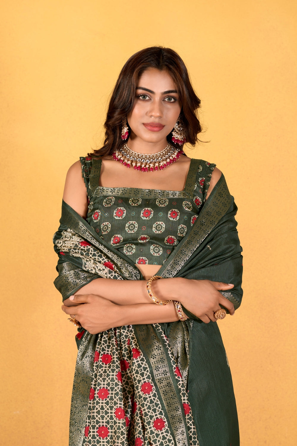 Green Soft Dola With Foil Print Saree