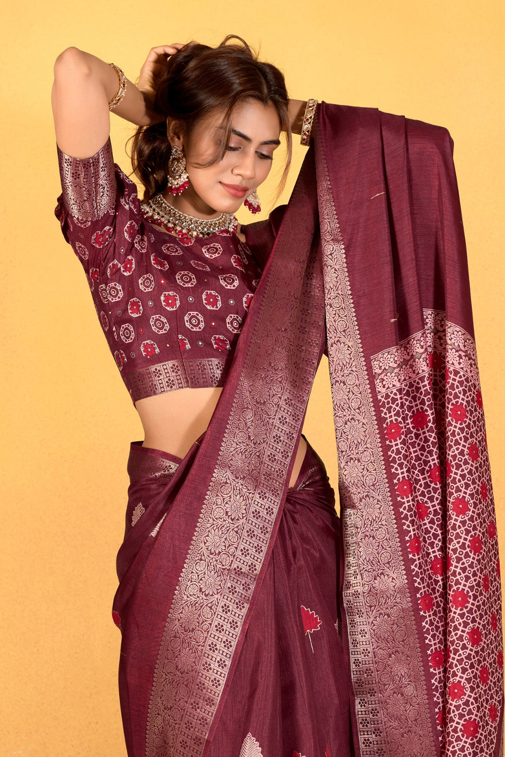 Maroon Soft Dola With Foil Print Saree