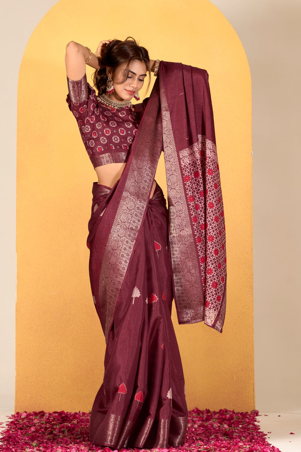 Maroon Soft Dola With Foil Print Saree