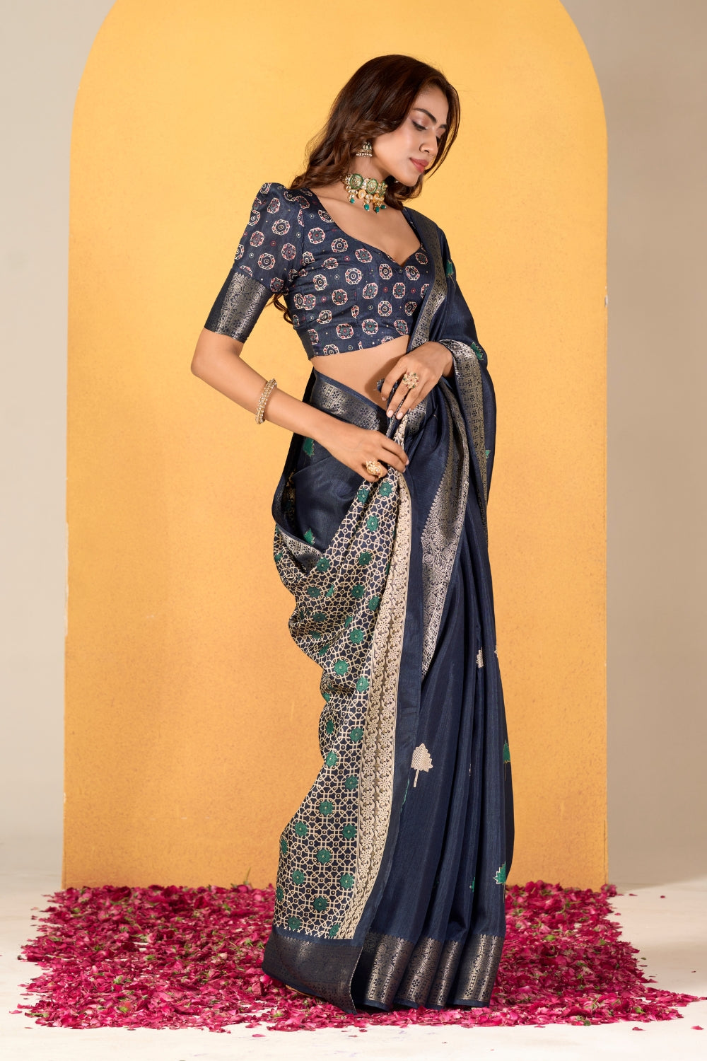 Indigo Soft Dola With Foil Print Saree