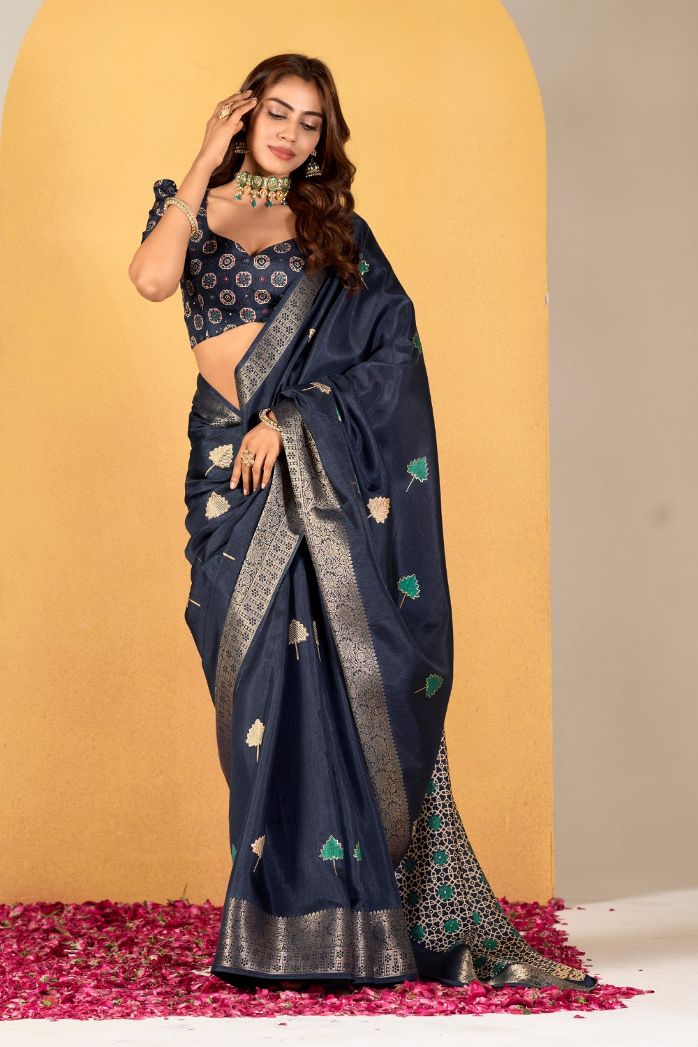 Indigo Soft Dola With Foil Print Saree