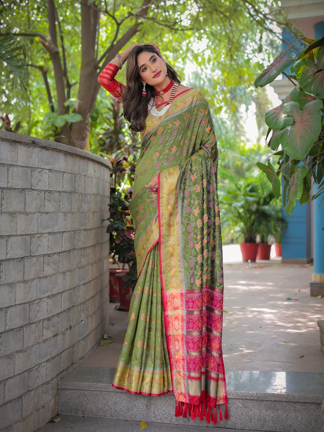 MEHANDI GREEN BANARASI PATOLA SOFT SILK WITH RICH PALLU AND CONTRAST ZARI BORDER SAREE