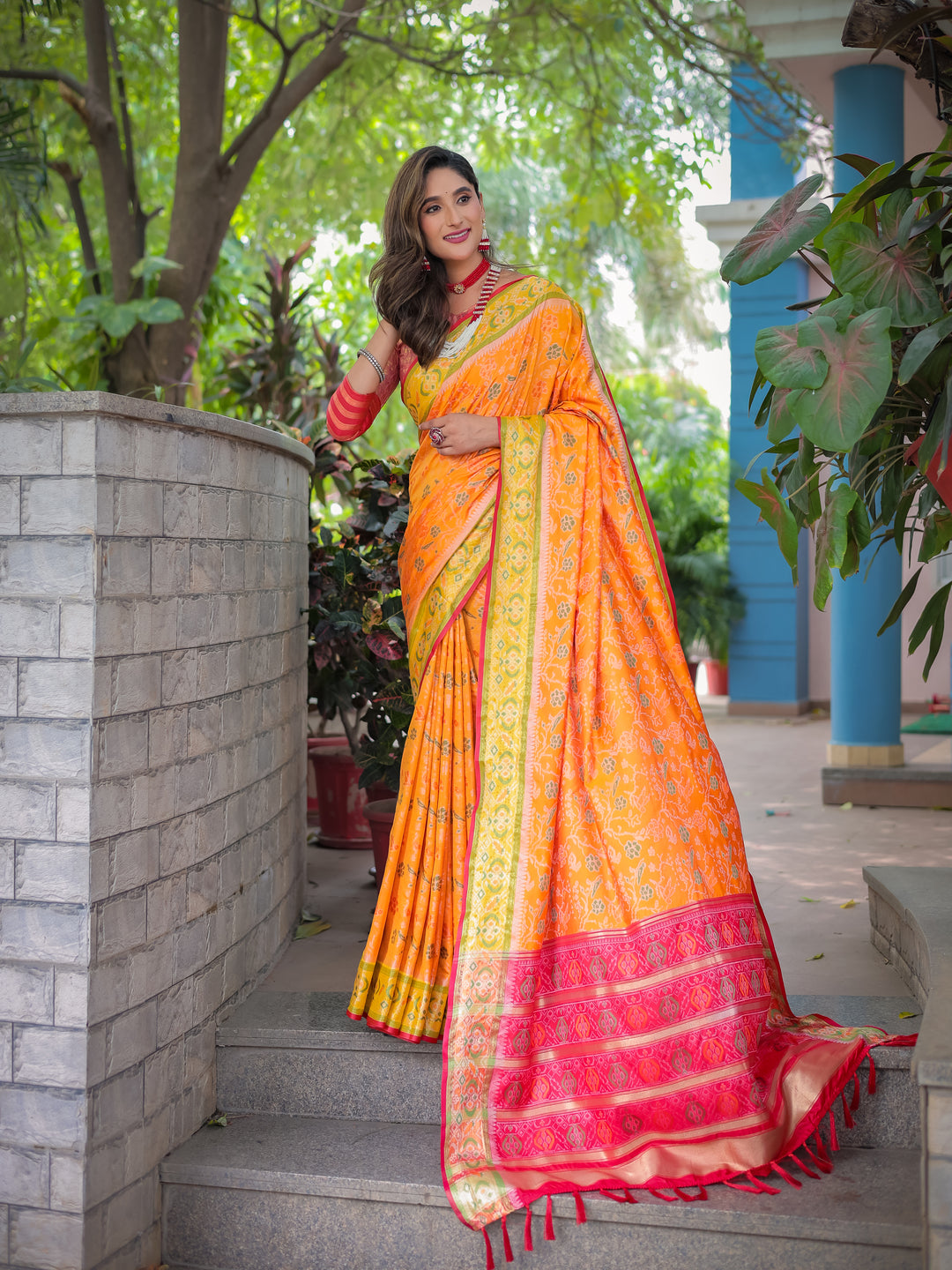 ORANGE BANARASI PATOLA SOFT SILK WITH RICH PALLU AND CONTRAST ZARI BORDER SAREE