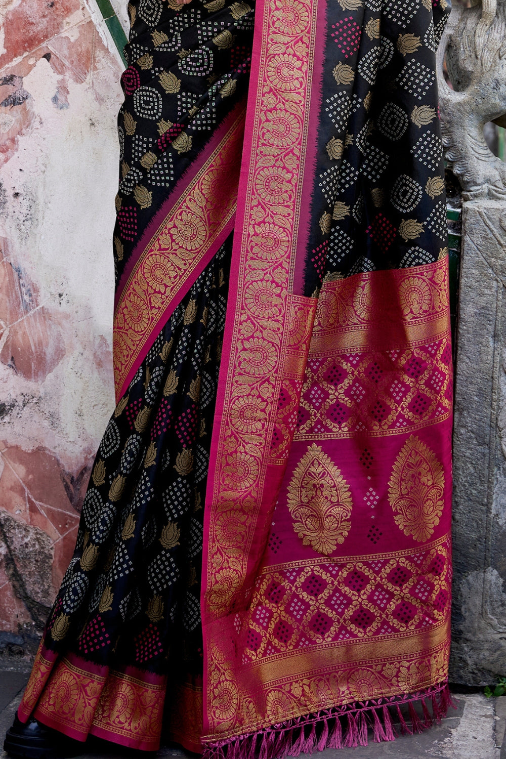 Black Soft Banarasi Bandhani Silk Saree