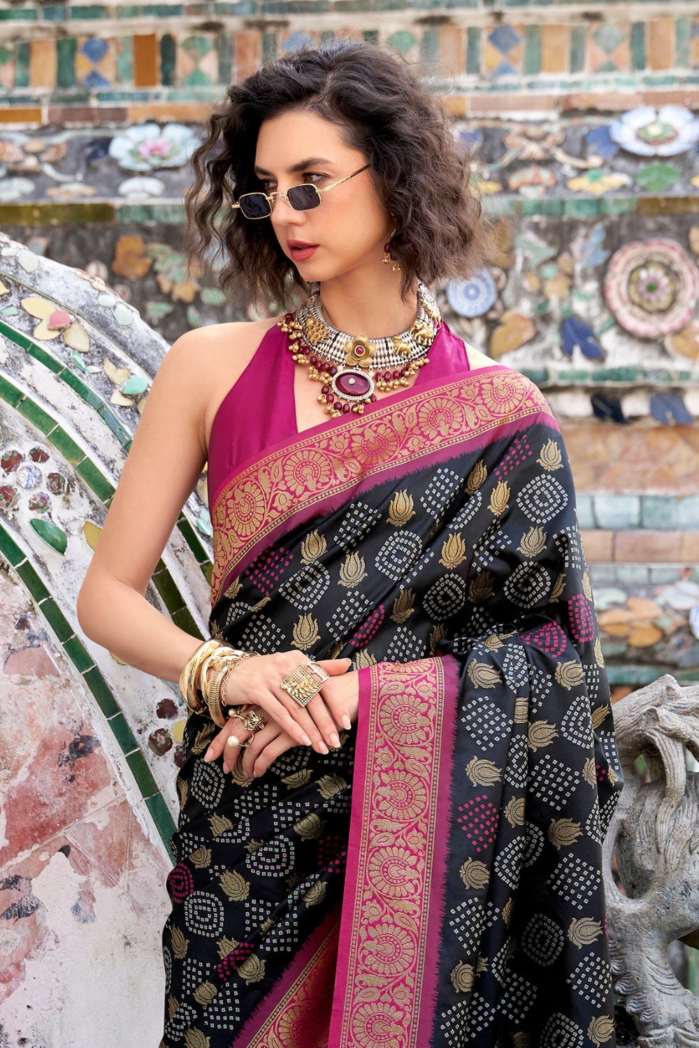 Black Soft Banarasi Bandhani Silk Saree