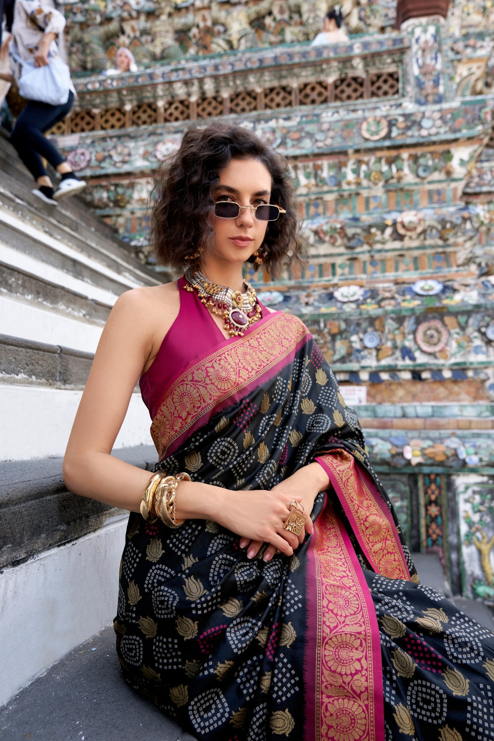 Black Soft Banarasi Bandhani Silk Saree