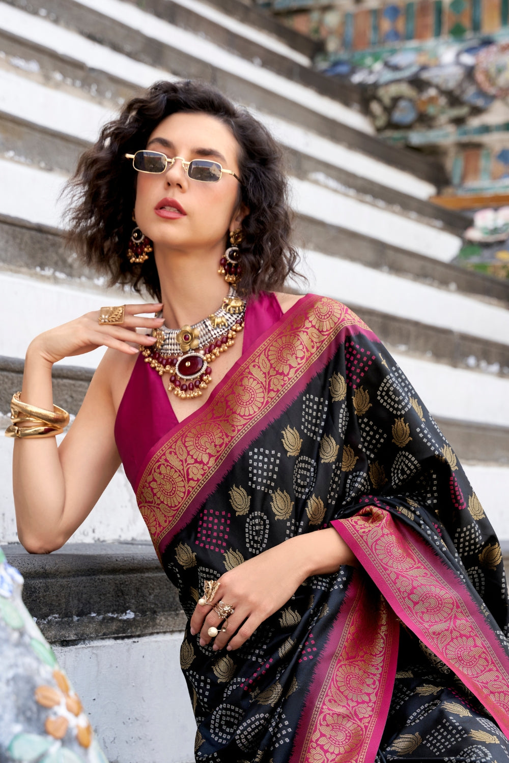 Black Soft Banarasi Bandhani Silk Saree