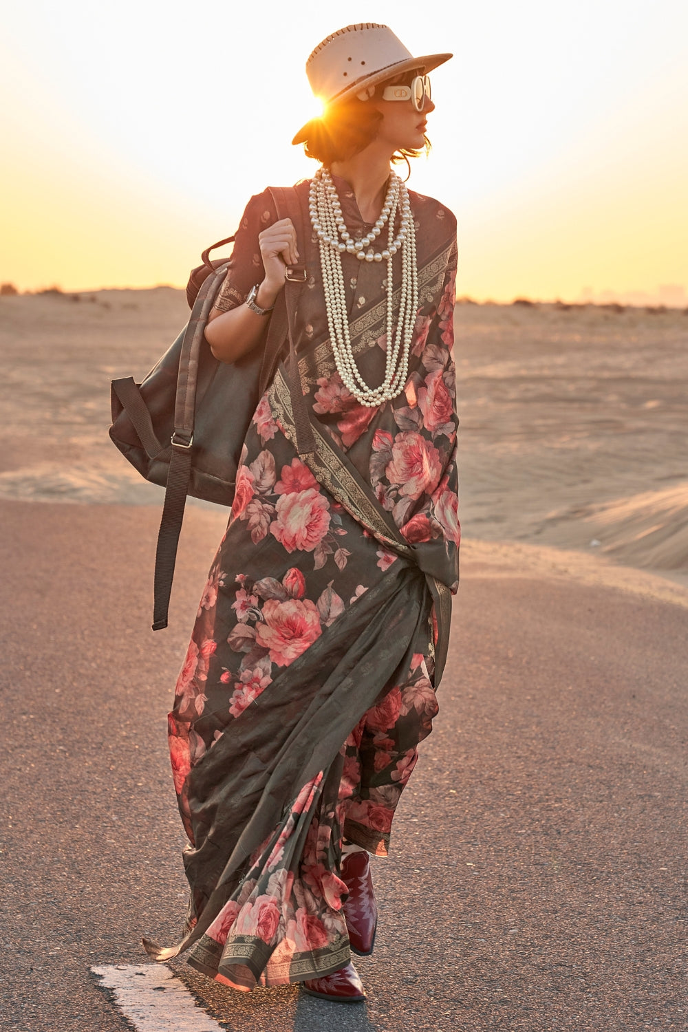 Carcoal Black Printed Tussar Saree