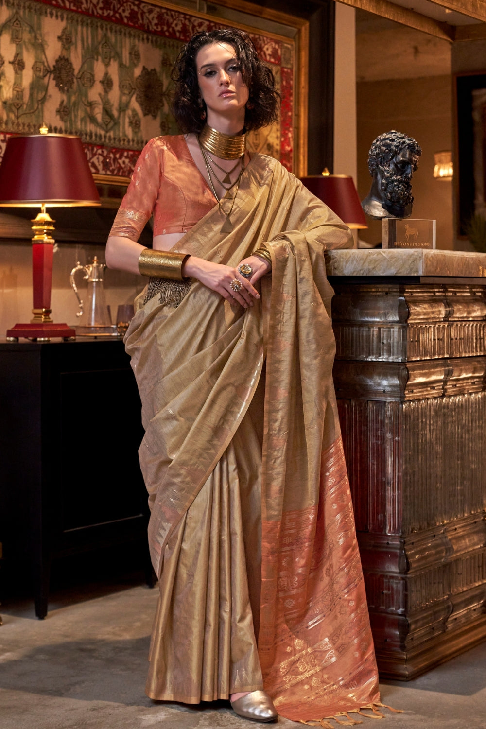 Cream Tussar Silk Saree