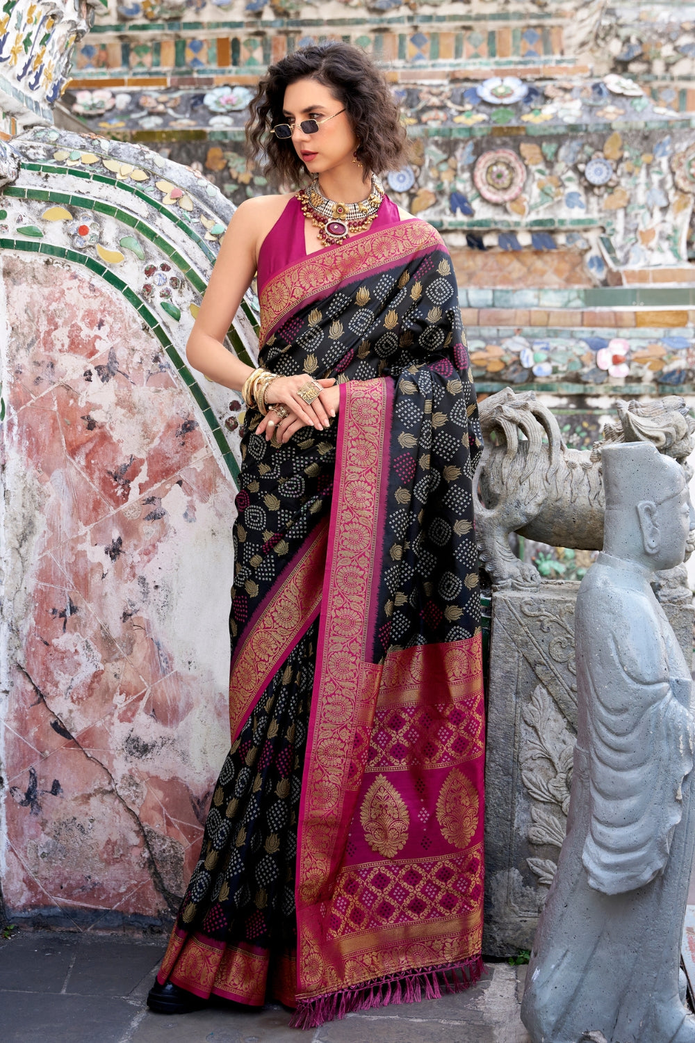 Black Soft Banarasi Bandhani Silk Saree