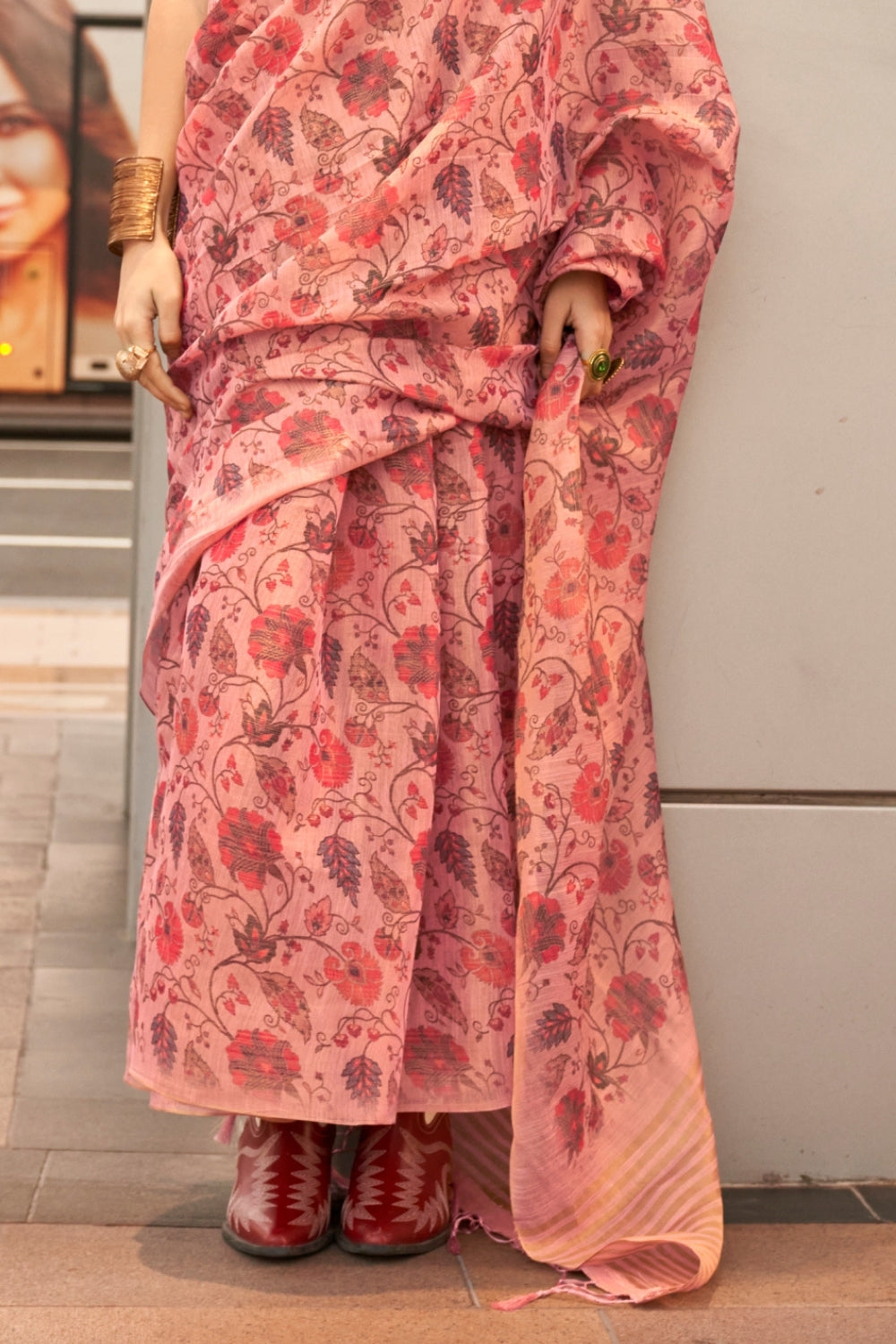 Peach Pink Printed Tissue Saree