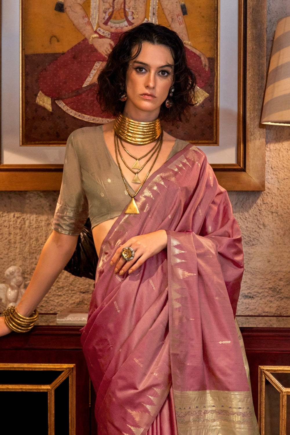 Pink Tussar Silk Saree