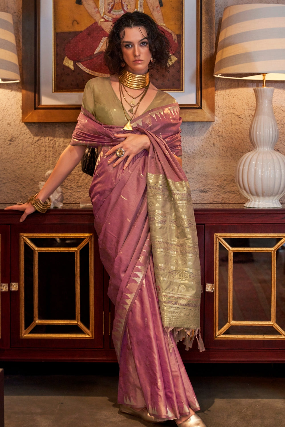 Pink Tussar Silk Saree