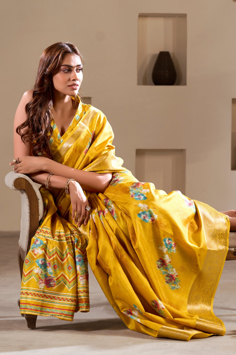 Yellow Soft Dola Silk With Foil Print & Dusty Color Matching Saree