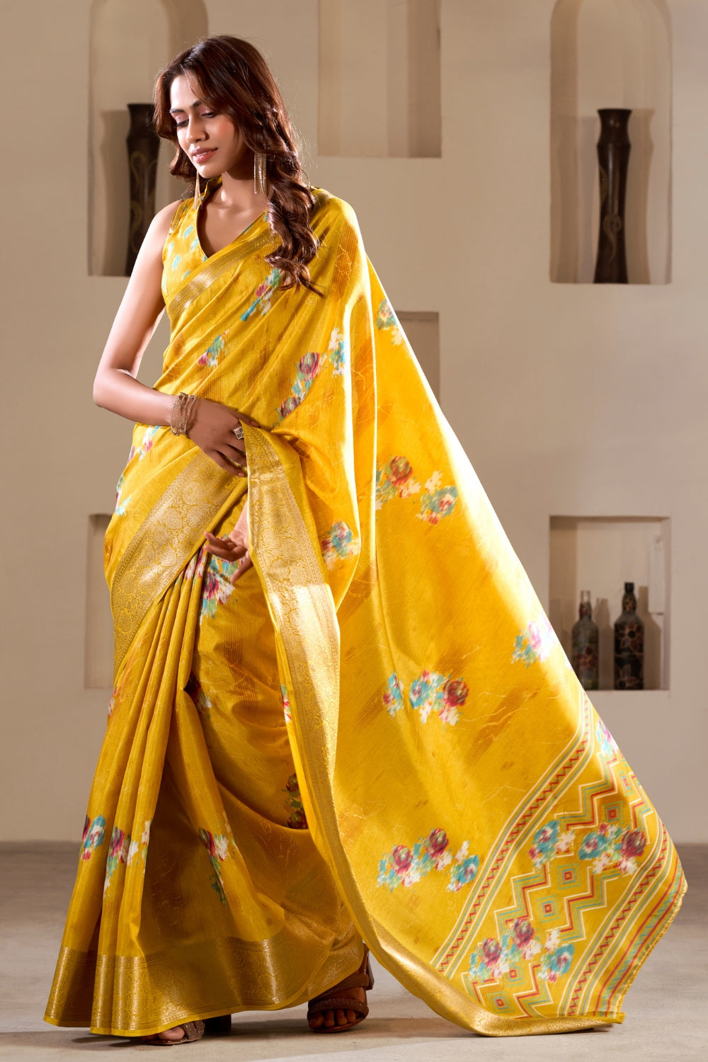 Yellow Soft Dola Silk With Foil Print & Dusty Color Matching Saree