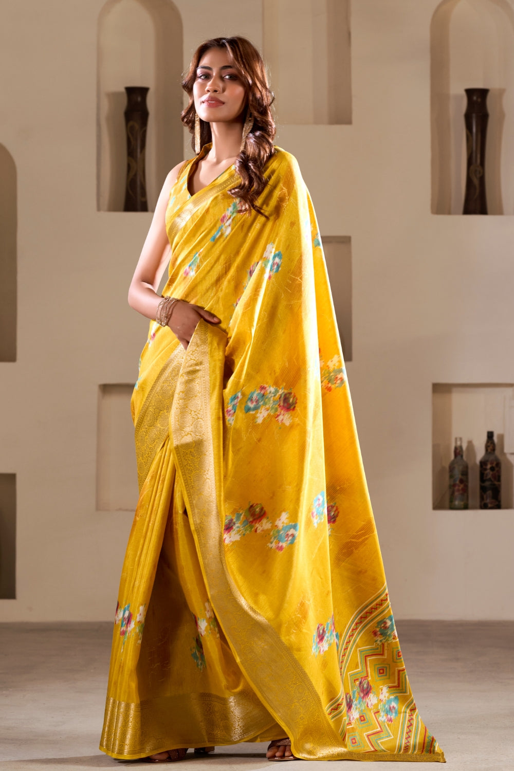 Yellow Soft Dola Silk With Foil Print & Dusty Color Matching Saree