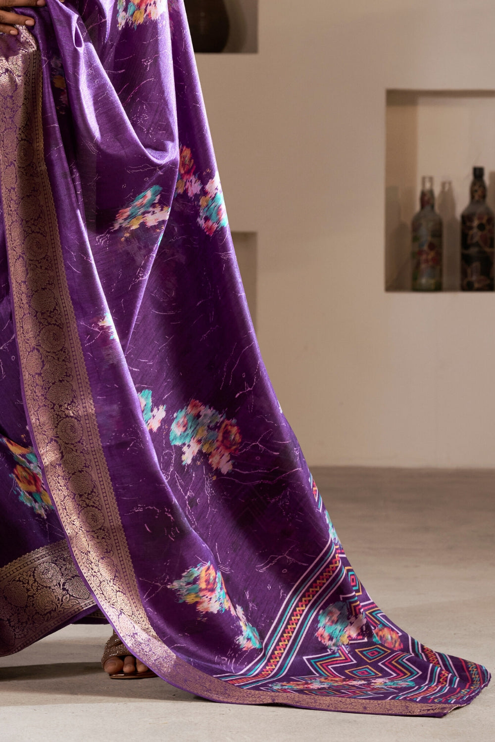 Purple Soft Dola Silk With Foil Print & Dusty Color Matching Saree