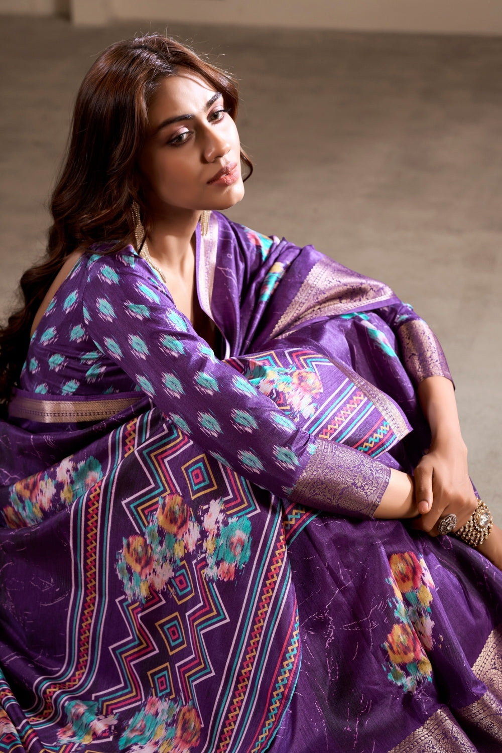 Purple Soft Dola Silk With Foil Print & Dusty Color Matching Saree