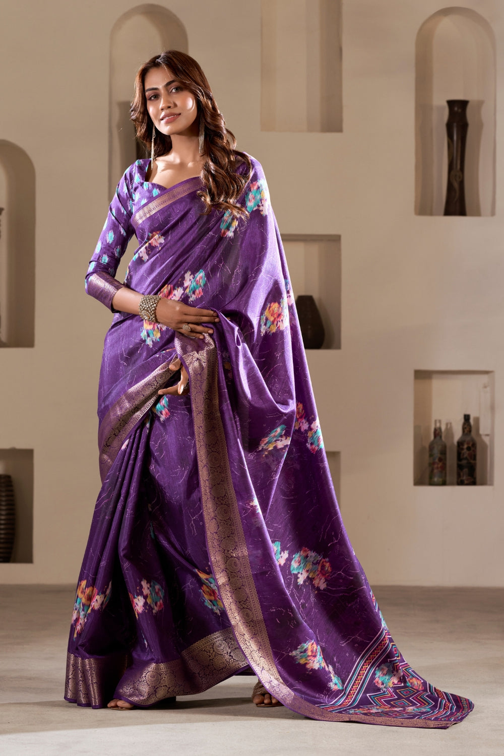 Purple Soft Dola Silk With Foil Print & Dusty Color Matching Saree