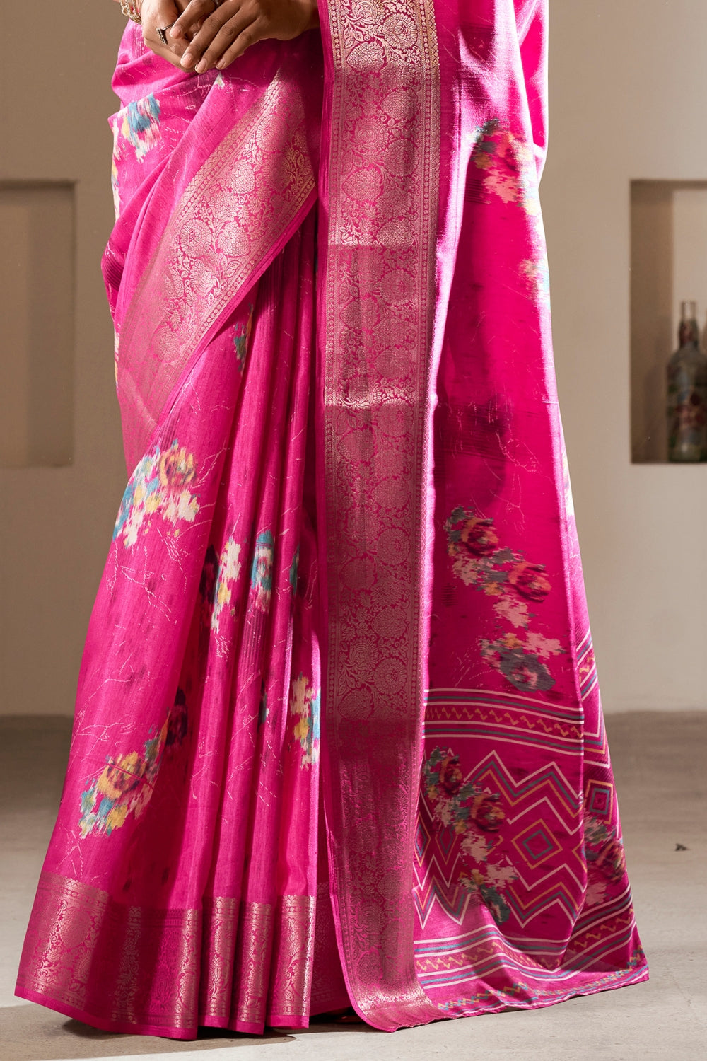 Pink Soft Dola Silk With Foil Print & Dusty Color Matching Saree