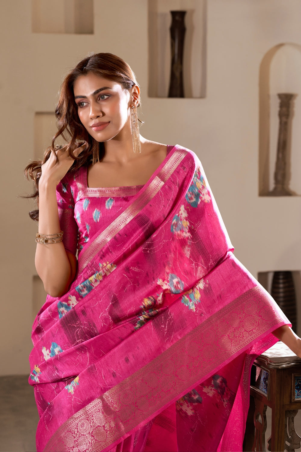 Pink Soft Dola Silk With Foil Print & Dusty Color Matching Saree