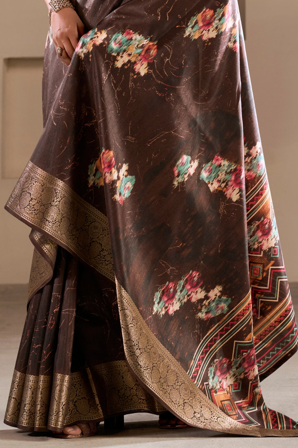 Coffee Soft Dola Silk With Foil Print & Dusty Color Matching Saree