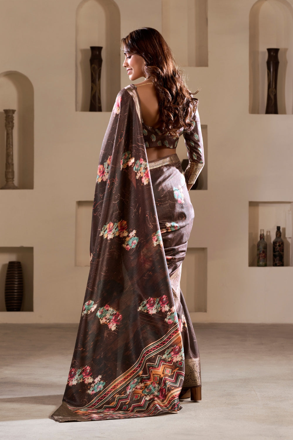 Coffee Soft Dola Silk With Foil Print & Dusty Color Matching Saree