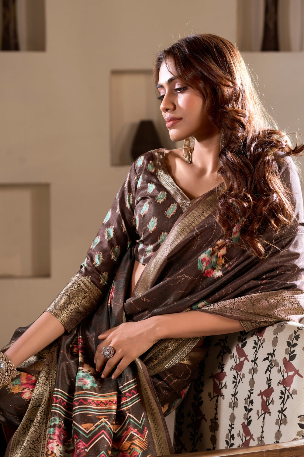 Coffee Soft Dola Silk With Foil Print & Dusty Color Matching Saree