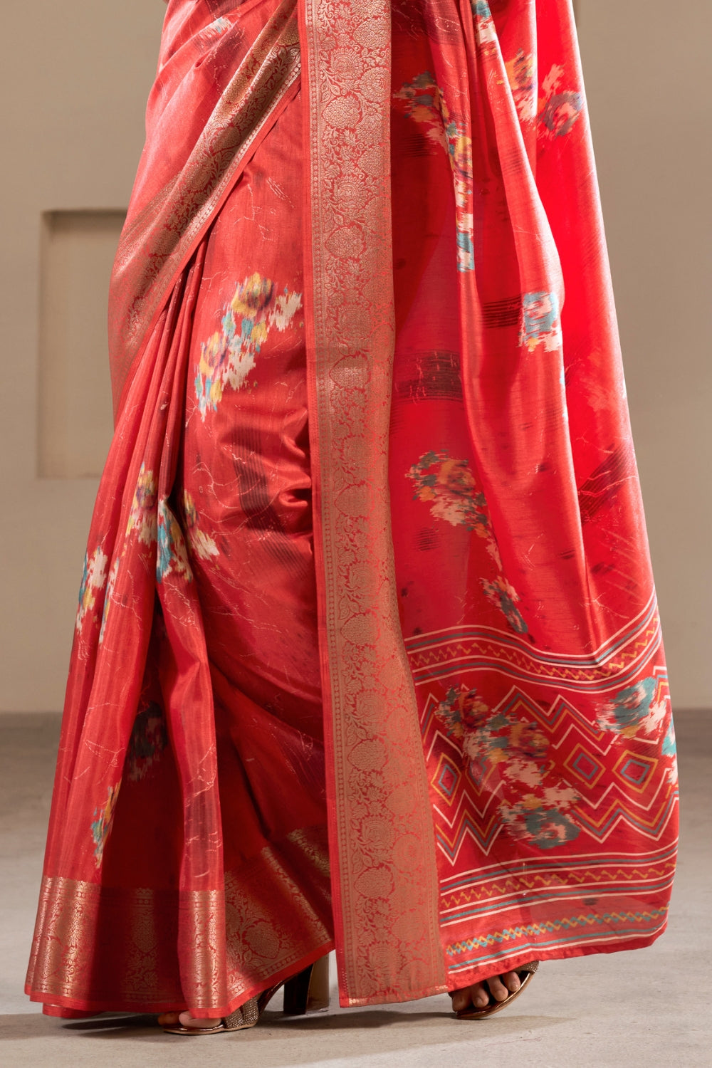 Orange Soft Dola Silk With Foil Print & Dusty Color Matching Saree