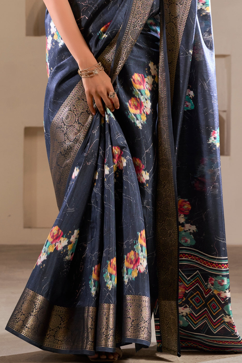 Grey Soft Dola Silk With Foil Print & Dusty Color Matching Saree