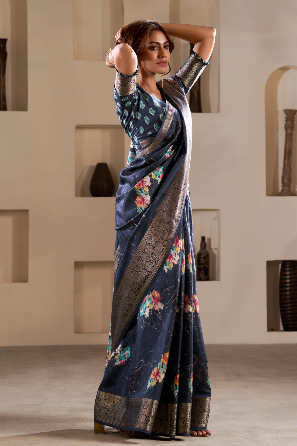 Grey Soft Dola Silk With Foil Print & Dusty Color Matching Saree