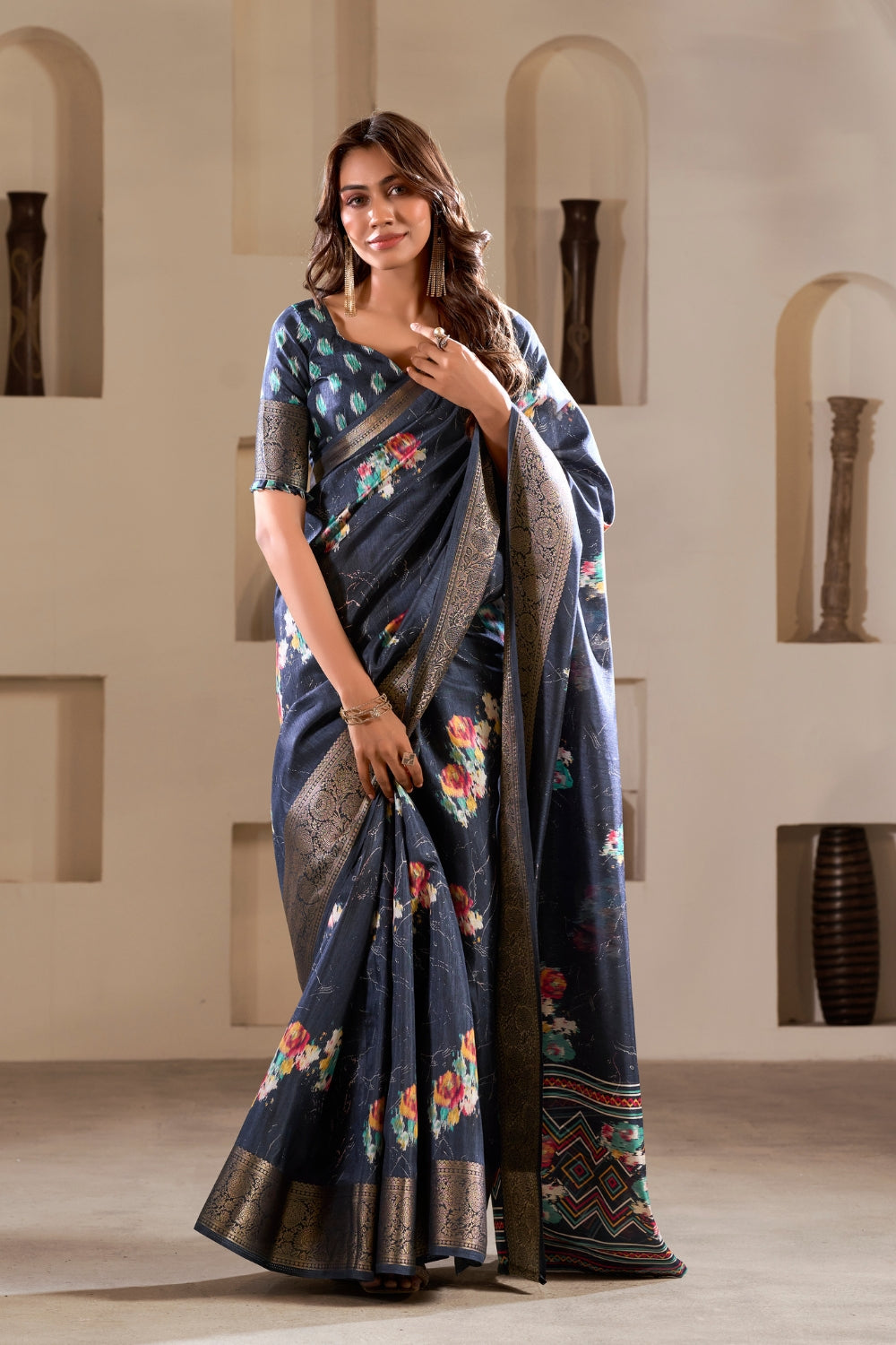 Grey Soft Dola Silk With Foil Print & Dusty Color Matching Saree