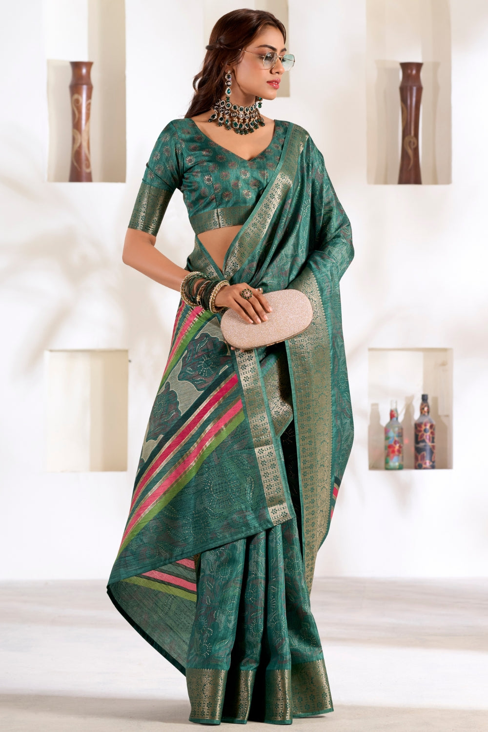 Indigo Soft Dola With Foil Print Saree