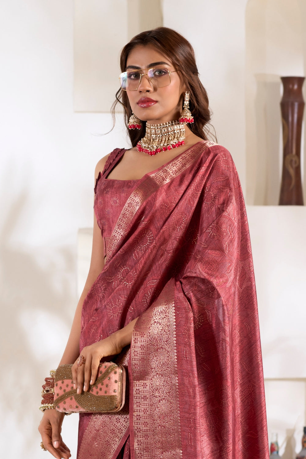 Maroon Soft Dola With Foil Print Saree