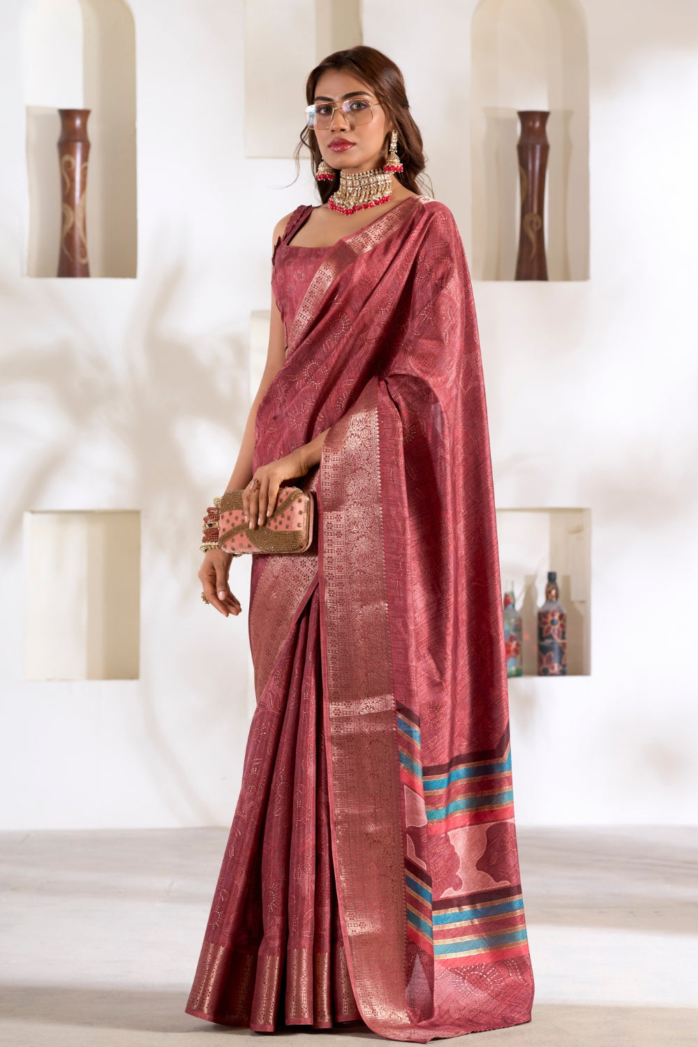 Maroon Soft Dola With Foil Print Saree